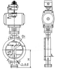 D673H、D673W型對(duì)夾式硬密封氣動(dòng)蝶閥PN6～PN10外形結(jié)構(gòu)尺寸圖