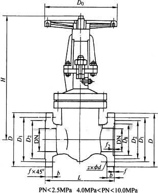 DKZ41H、DKZ41Y型手動(dòng)真空閘閥 PN10外形結(jié)構(gòu)尺寸圖