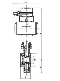 VQ677Y型對(duì)夾式氣動(dòng)V型球閥PN16~PN25外形結(jié)構(gòu)尺寸圖