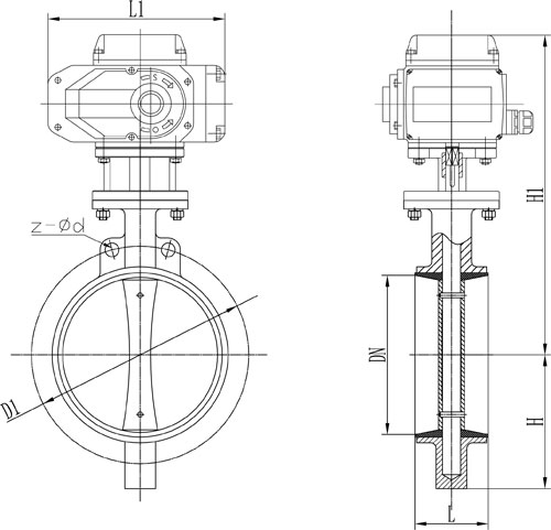 D971X-10型電動(dòng)開(kāi)關(guān)型對(duì)夾式蝶閥主要外形連接尺寸圖